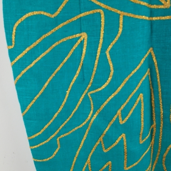 Santa Fe Sheath Dress Womens 6 Aqua Green Ramie Gold Embroidered Leaves Tropical - Picture 9 of 13